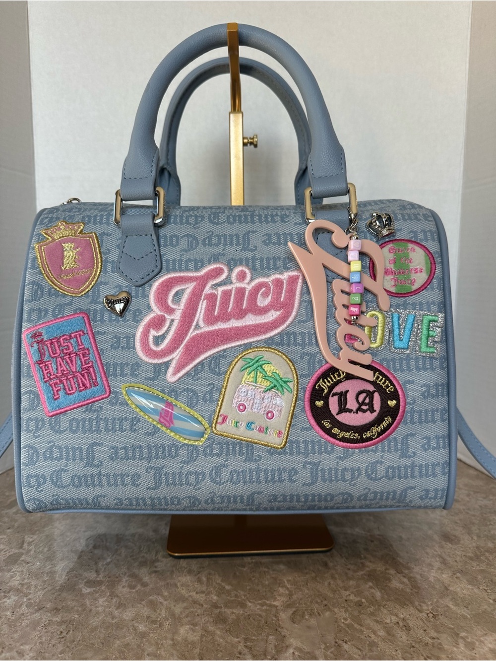 Juicy Couture Run The World Satchel Bag Dusty Blue Patchwork Y2K Mcbling Purse